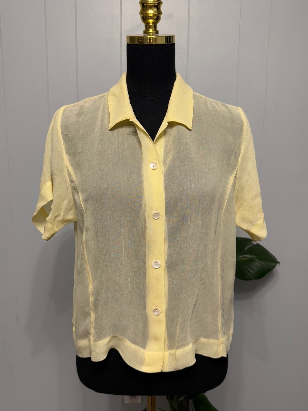 #17) April Cornell Pale Yellow Sheer Short Sleeve Button-Down Blouse